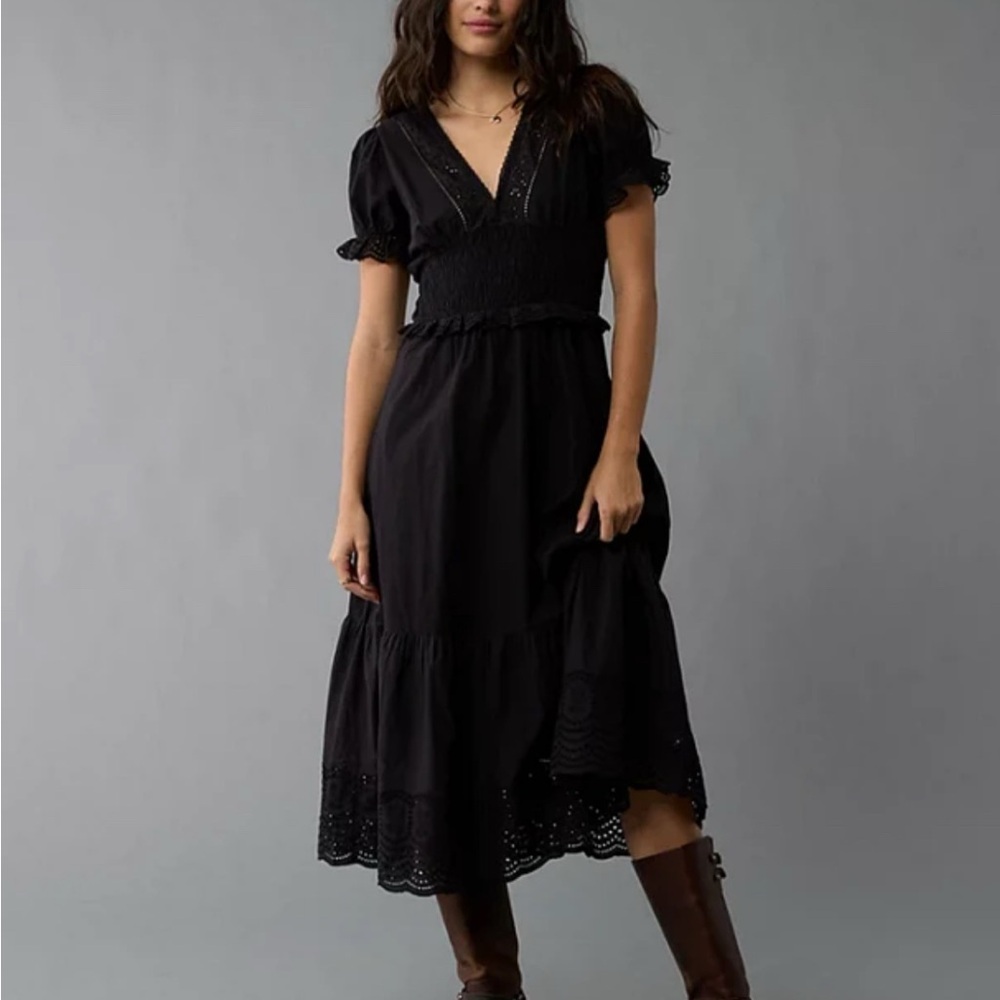 AE V-NeckPuff Sleeve Black Eyelet Midi Dress